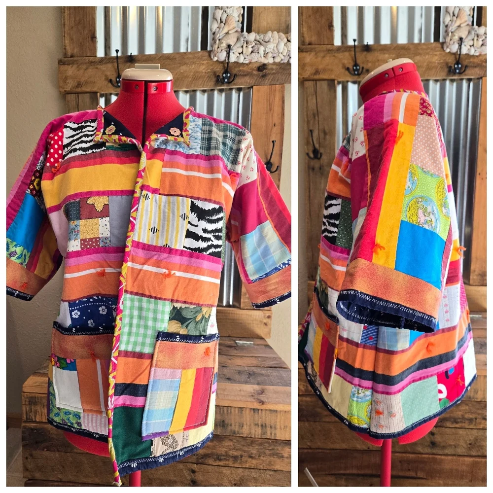 Upcycled Vtg Quilt Blanket Flirty Jacket S-M Open Front Dont Throw It Out - Picture 2 of 7